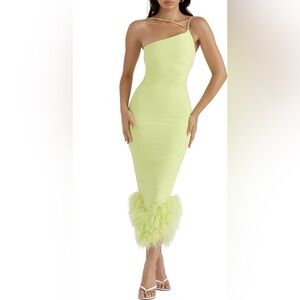 Alessia Asymmetric Feather Trim Midi Dress